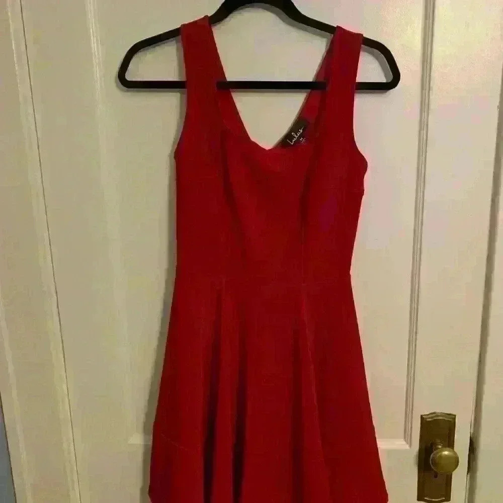 Lulus Red Square Neck Sleeveless Skater Dress, Womens Size Medium - Picture 3 of 8